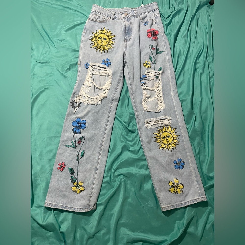 SHEIN Light Blue Embroidered Straight Leg Jeans